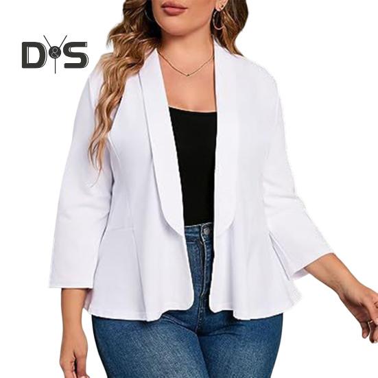 Plus Size Women Suit Coat Lapel Long Sleeve Ruffle Hem Open Front Suit Jacket Solid Color Versatile Business Outerwear