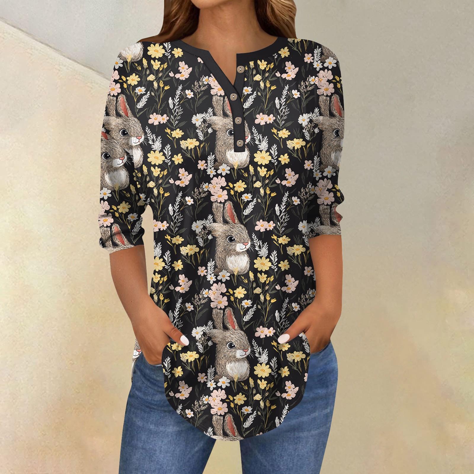 

Женский модный повседневный топ с рукавами 3/4 и принтом пасхального кролика и воротником на пуговицах L чёрный
