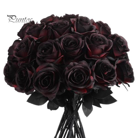 Decorative Black Rose Stems Realistic Silk Roses with Long for Wedding Centerpieces, Halloween Home Decor, Artificial Faux Floral Arrangements