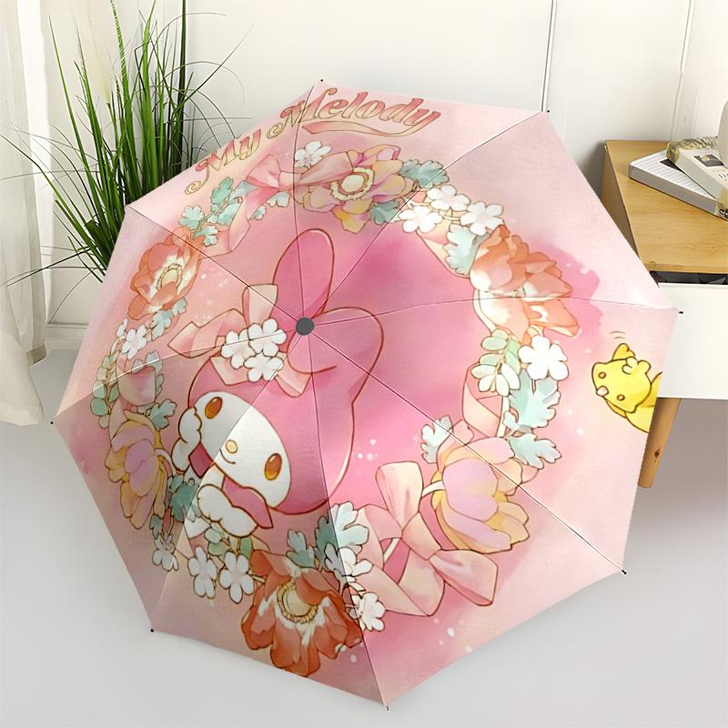 1pc My Melody Floral Wreath Automatic Folding Umbrella - Portable 3-Fold Design with Iron Frame, Perfect for Outdoor Use, Festive Gifts, Travel, Daily