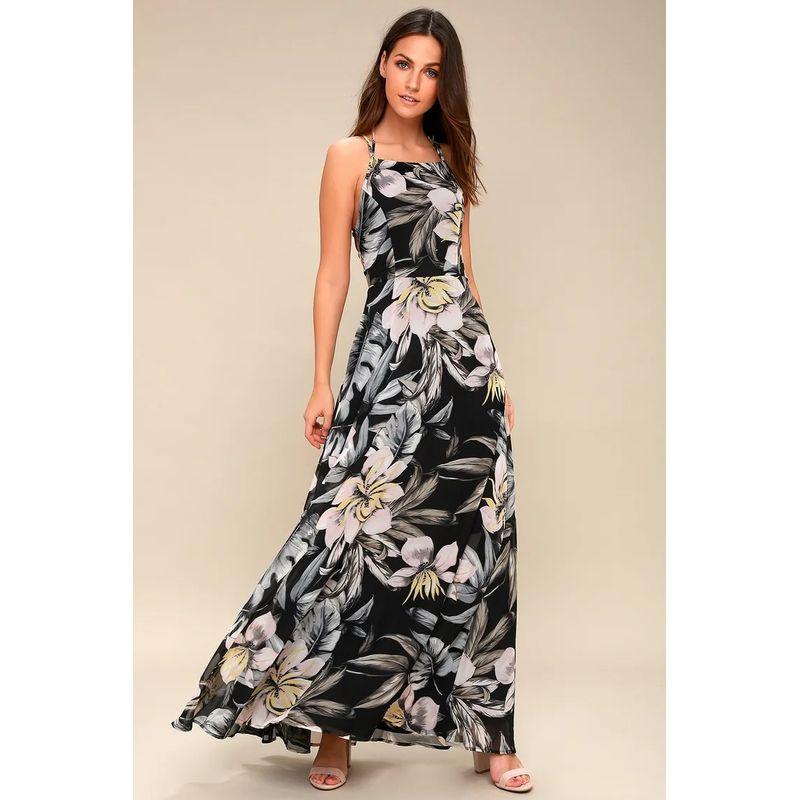 

Экспорт Одиночный Лу Домашняя Мода Пляжный Стиль Принт Тропический Лес Длинное Летнее Элегантное Платье с Открытой Спиной и Завязками Женское Black color XL