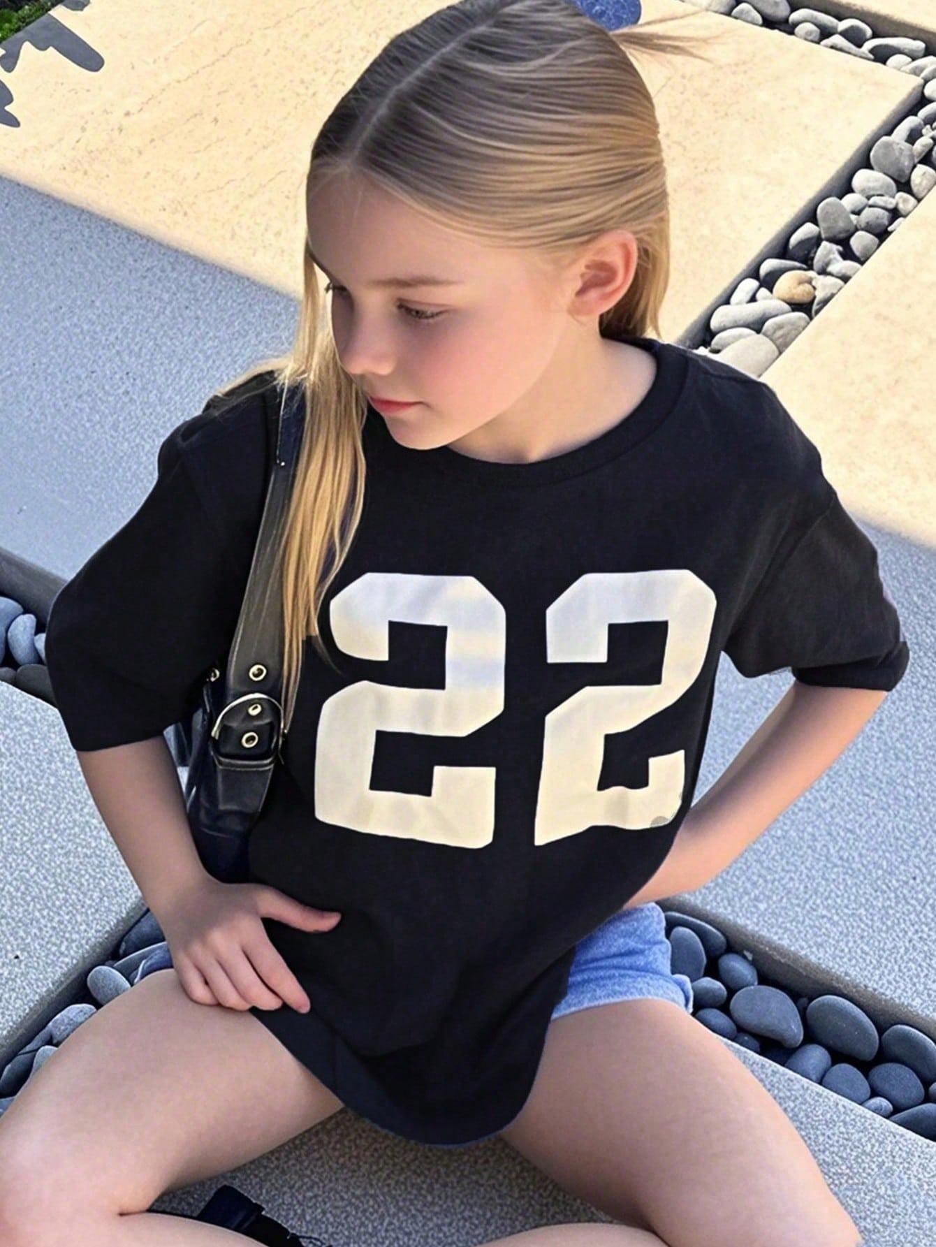 

Футболка с графическим принтом номера 22, с круглым вырезом и короткими рукавами, летняя повседневная простая футболка с короткими рукавами для девочек и мальчиков S