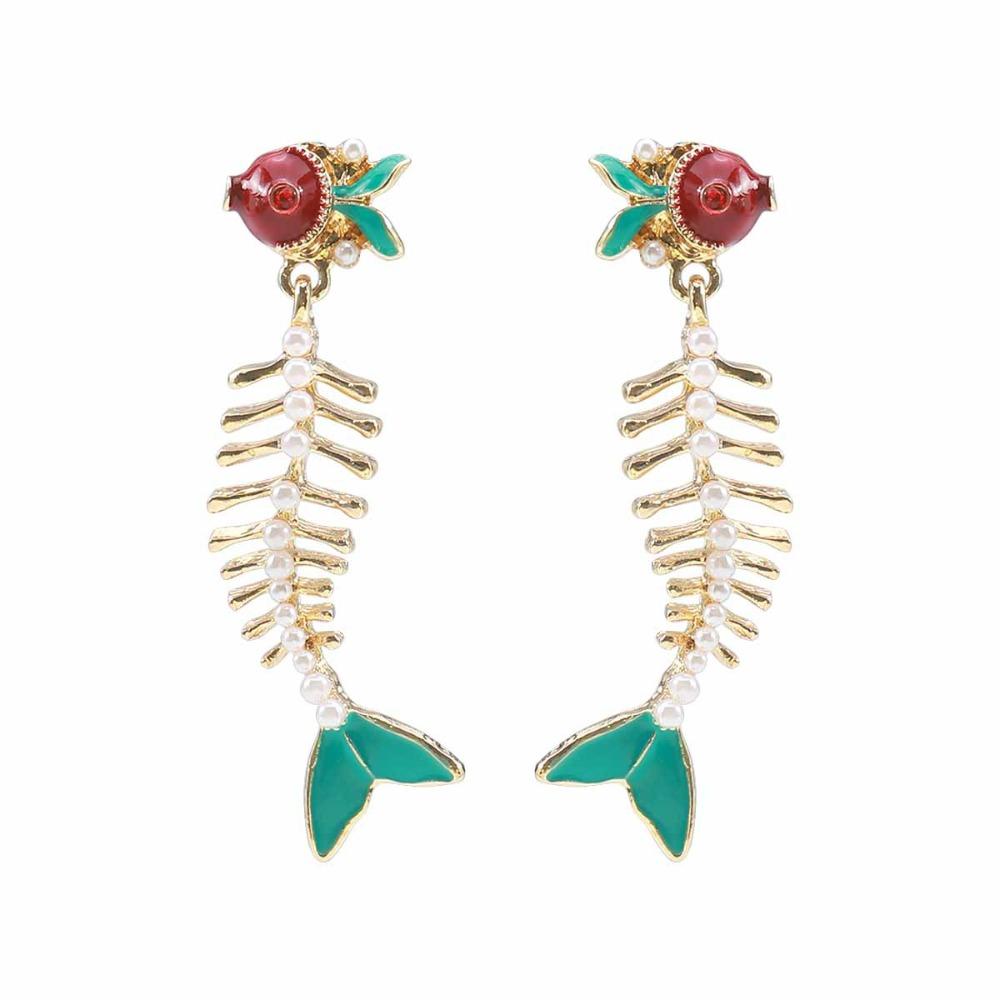 Fish Enamel Fishbone Dangle Earrings Charm Bohemian Dangle Earring Vacation зелёный