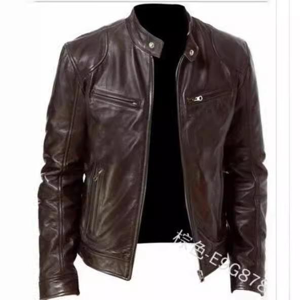 Spot Winter Business Gentleman Warm Zip Cardigan Pocket Decorative PU Leather Jacket Stand Neck Slim Leather Jacket