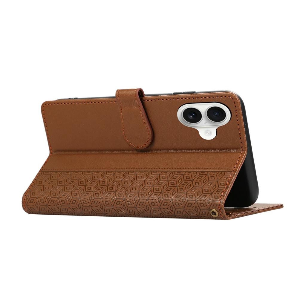 For iPhone 17 Case Splicing Imprinted Rhombus Leather Phone Cover with Wrist Strap