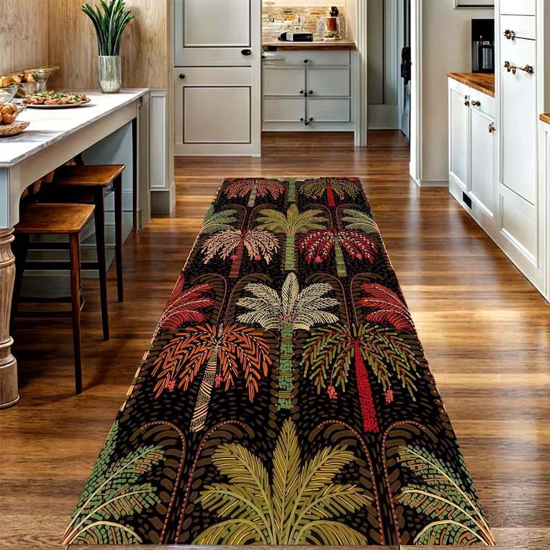 

Tropical Palm Tree Long Runner Rug Dark Boho Carpet Non-Slip Patchwork Runner Rug Long Hallway Geometric Pattern Art Carpets 50x150CM