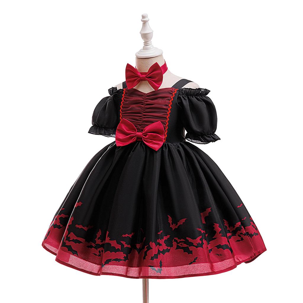 Black Mesh Print Halloween Princess Party Dress for Kids