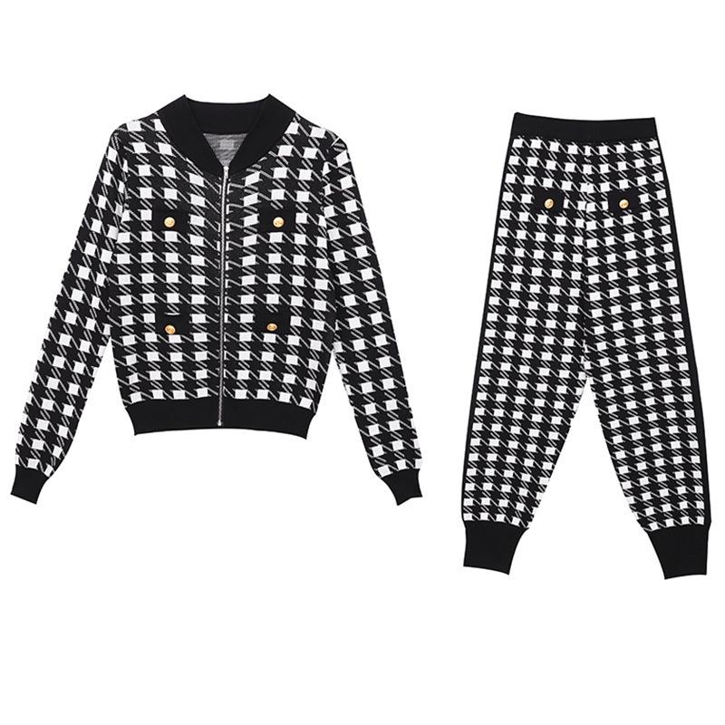 European Women's Houndstooth Knit Cardigan Two-Piece Set Casual Wear