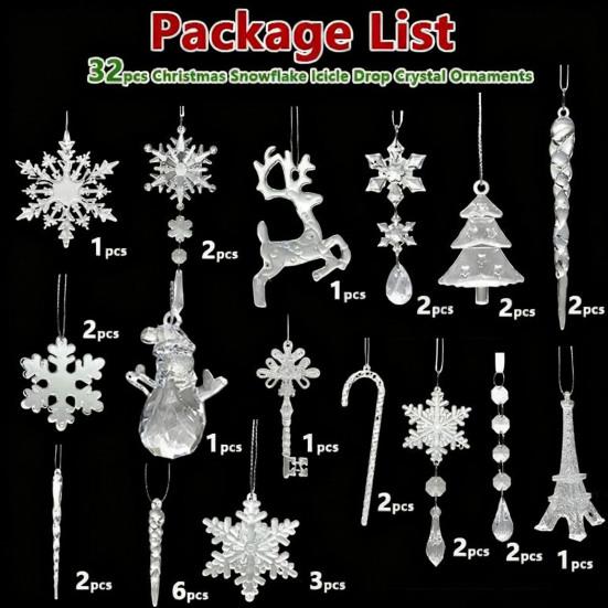 32 Pcs Christmas Ornaments Acrylic Hanging Decor Set with Snowflakes Deer Snowman Icicles Candy