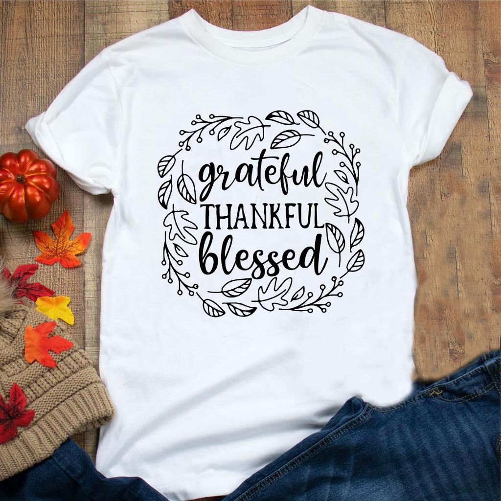 Halloween Be Thankful Pumpkin Print Women White T Shirt Sweet Fall Greatful Blessed Female Short Sleeve
