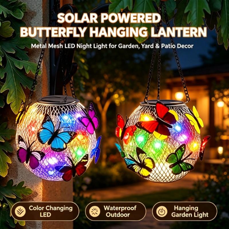 Solar Powered Hanging Lantern, Metal Mesh LED Butterfly Light, Waterproof Outdoor Garden Patio Yard Decor, Warm White & Multicolor Night Lamp
