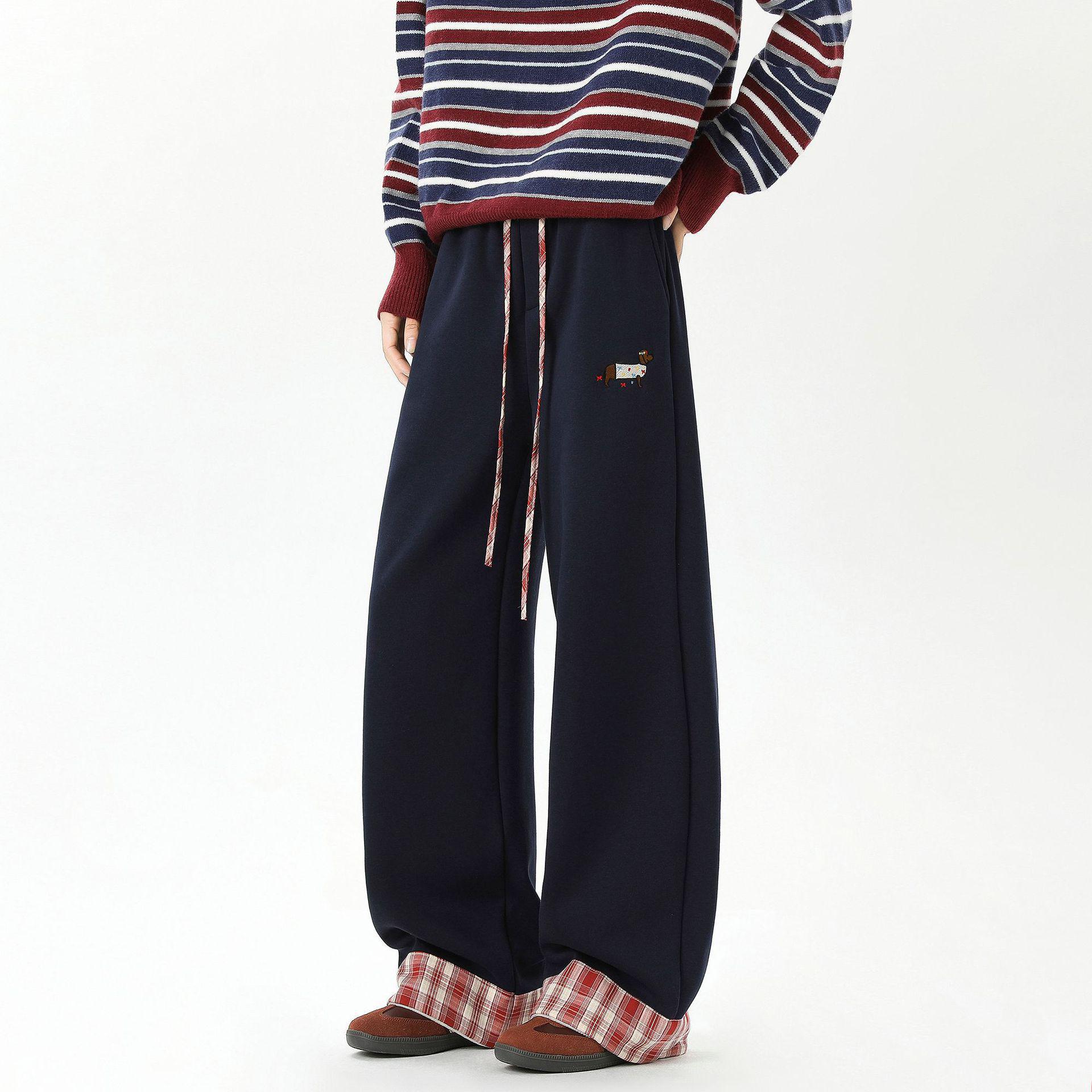 

Tide Plaid Patchwork Sweatpants Unisex Spring/Autumn Dachshund Embroidery Loose Fit 2XL темно-синий
