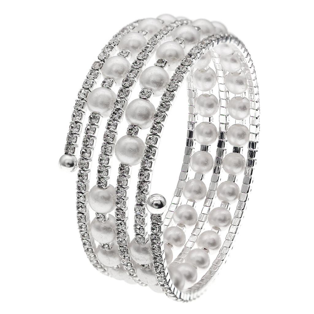 Luxury Rhinestone Pearl Wide Open Cuff Bracelet For Women Stylish Stretch Bangle Fashion Versatile Jewelry Gift