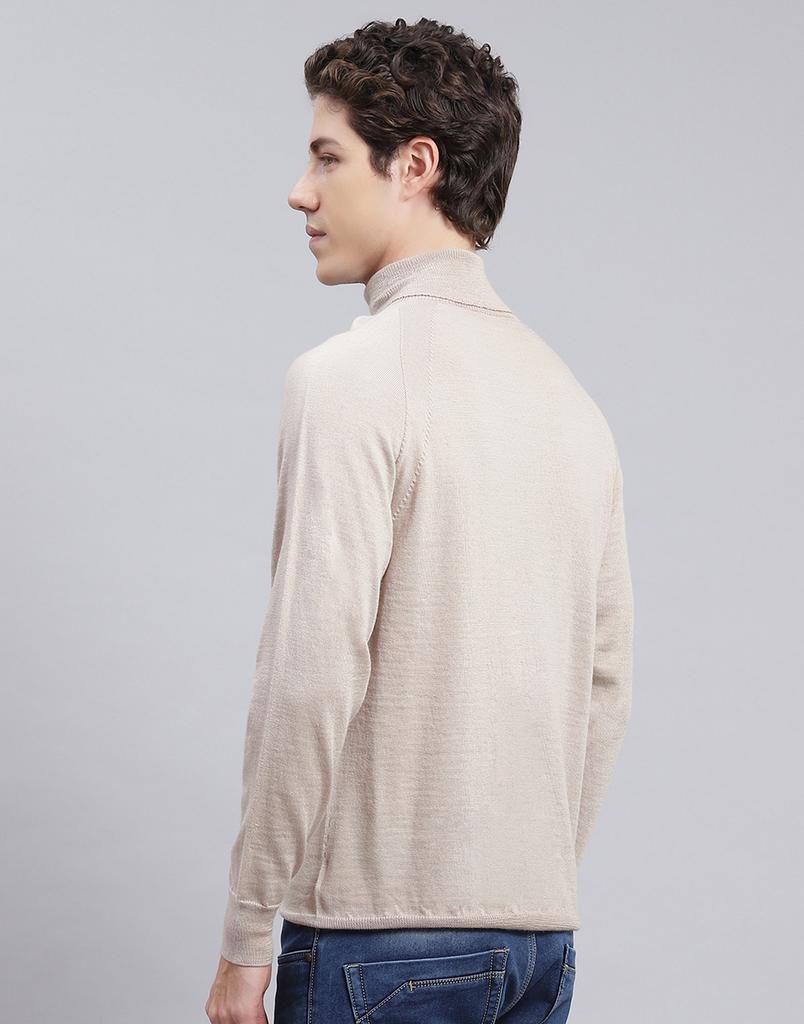 MONTE CARLO Mens Solid Beige High Neck Full Sleeve Pullover