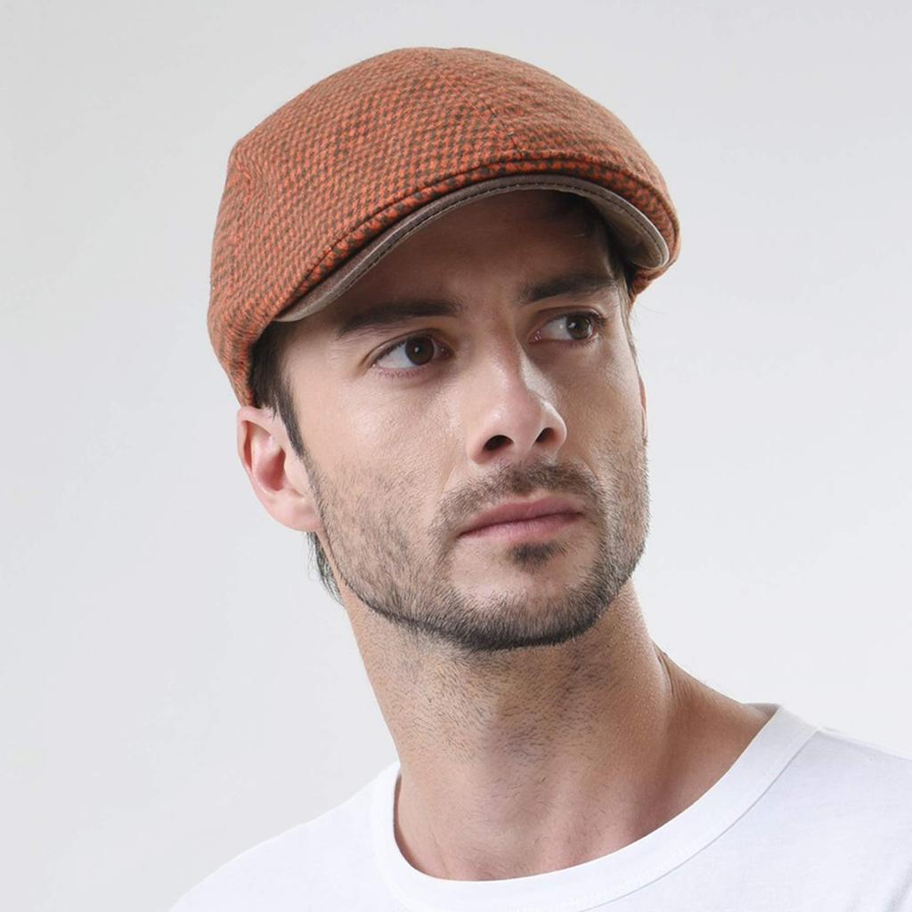With Moons SL3019 Houndstooth Newsboy Tweed Fabric Hunting Cap with Faux Flat Cap (Orange) Hat, Leather,