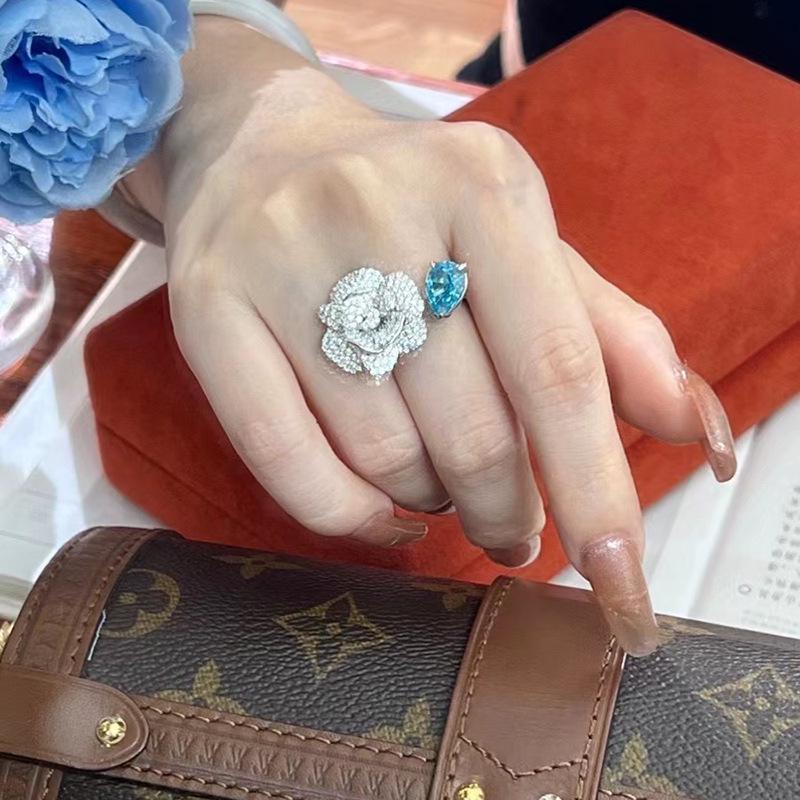 Luoxi Temple 2024 Camellia Ring: 925 Silver with 7x10mm Aquamarine Ice Flower Cut