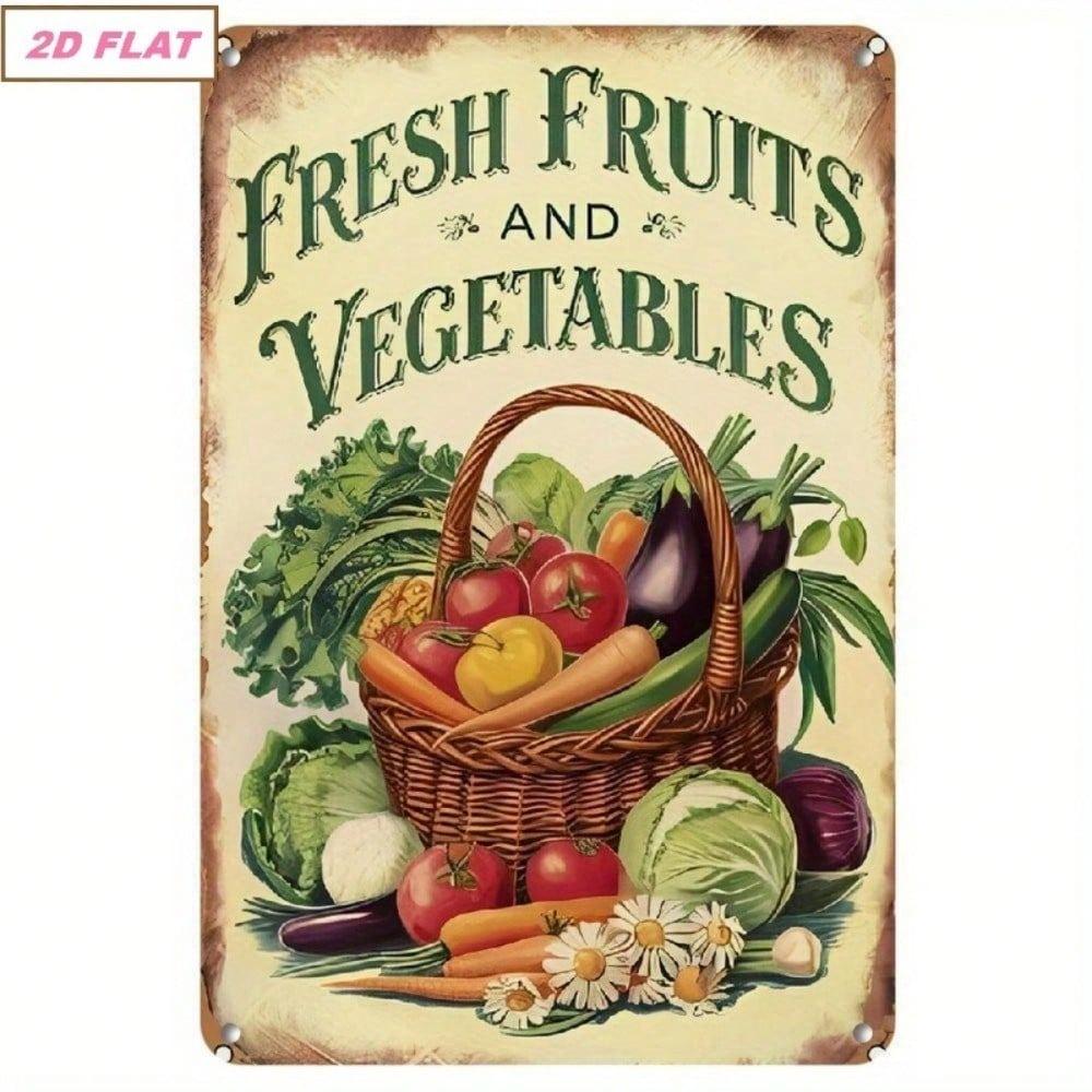 HEMITONG Vintage Metal Sign - Fresh Fruits Vegetables Basket Colorful Illustration Rustic Farmhouse Wall Decor