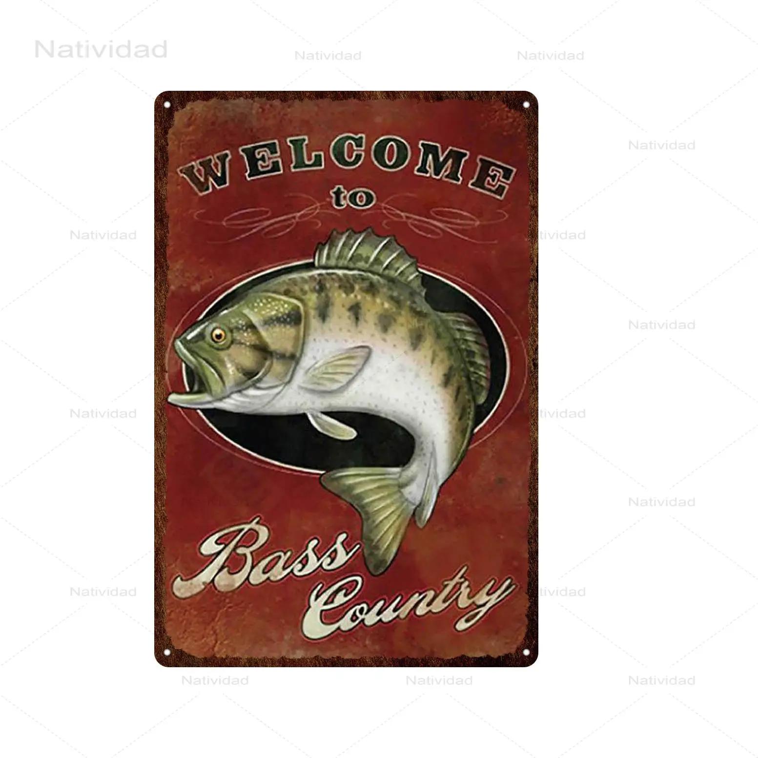 

European Bass Fishes and Go Fishing Metal Sign Plaque Vintage Paintings Decor for Bar Club Shop Hotel Retro Signs 8x12 inch 20x30cm