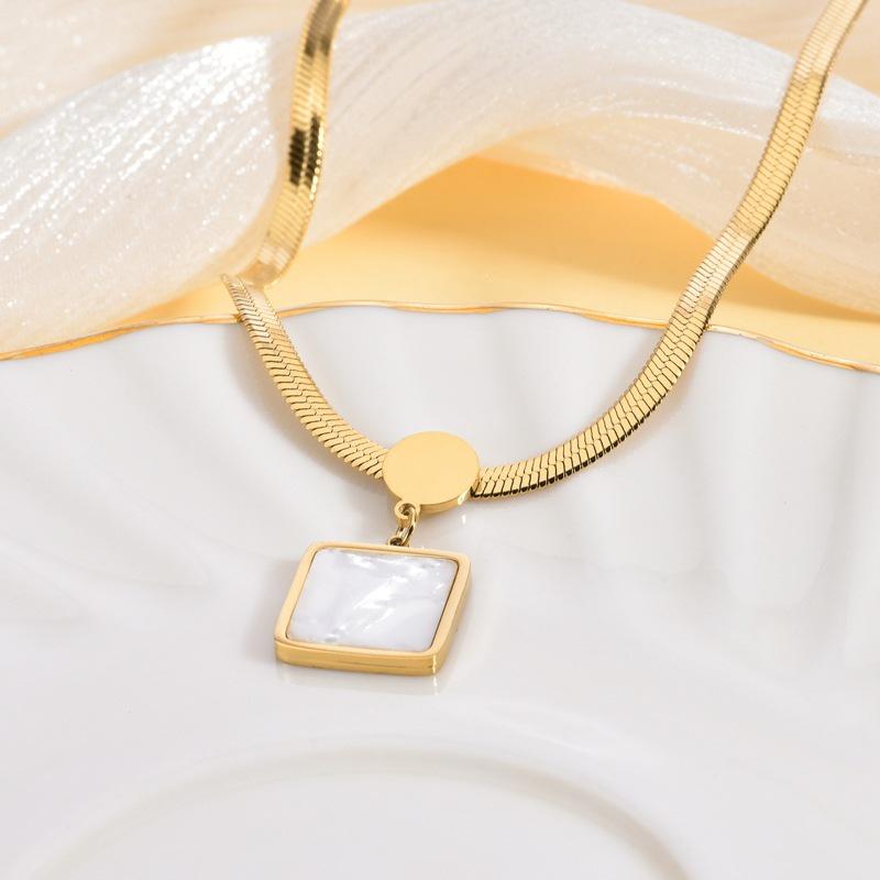 2024 New Style: 18K Gold-Plated White Shell Square Pendant Necklace - Exquisite Titanium Steel Jewelry