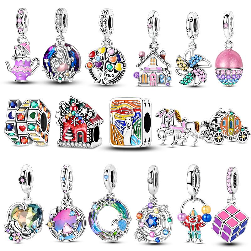 925 Silver Colorful Charms Beads Pumpkin Carriage Windmill Clown Dangle Bracelet Women Jewelry DIY Gift