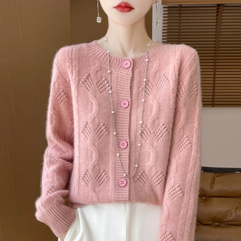 Women's Thick Wool Knit Cardigan - Solid Color, Crochet Hollow Design, Round Neck for Autumn and Winter
