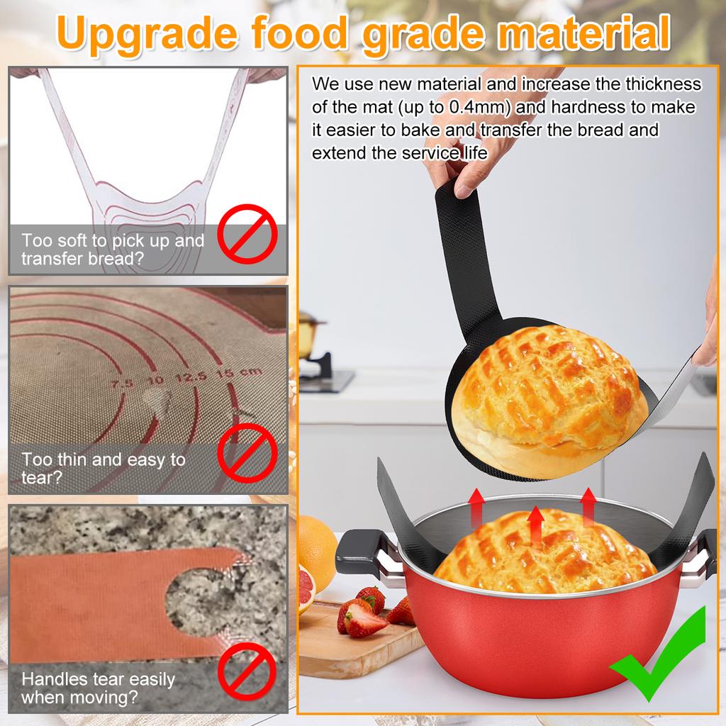 2pcs Baking Mat Dough Transfer Pad Long Handle Sling Non-Stick Bread Kneading Plate Silicone Dutch Oven Liner Kitchen Cook Tool
