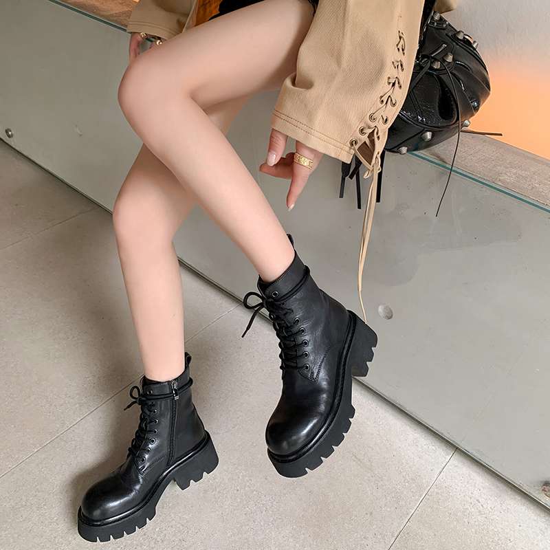 Krazing Pot Kuskinn Høst Vinter Sko Rund Tå Medium Hæler Snøring Motorsykkelstøvler Dame Ankelstøvletter