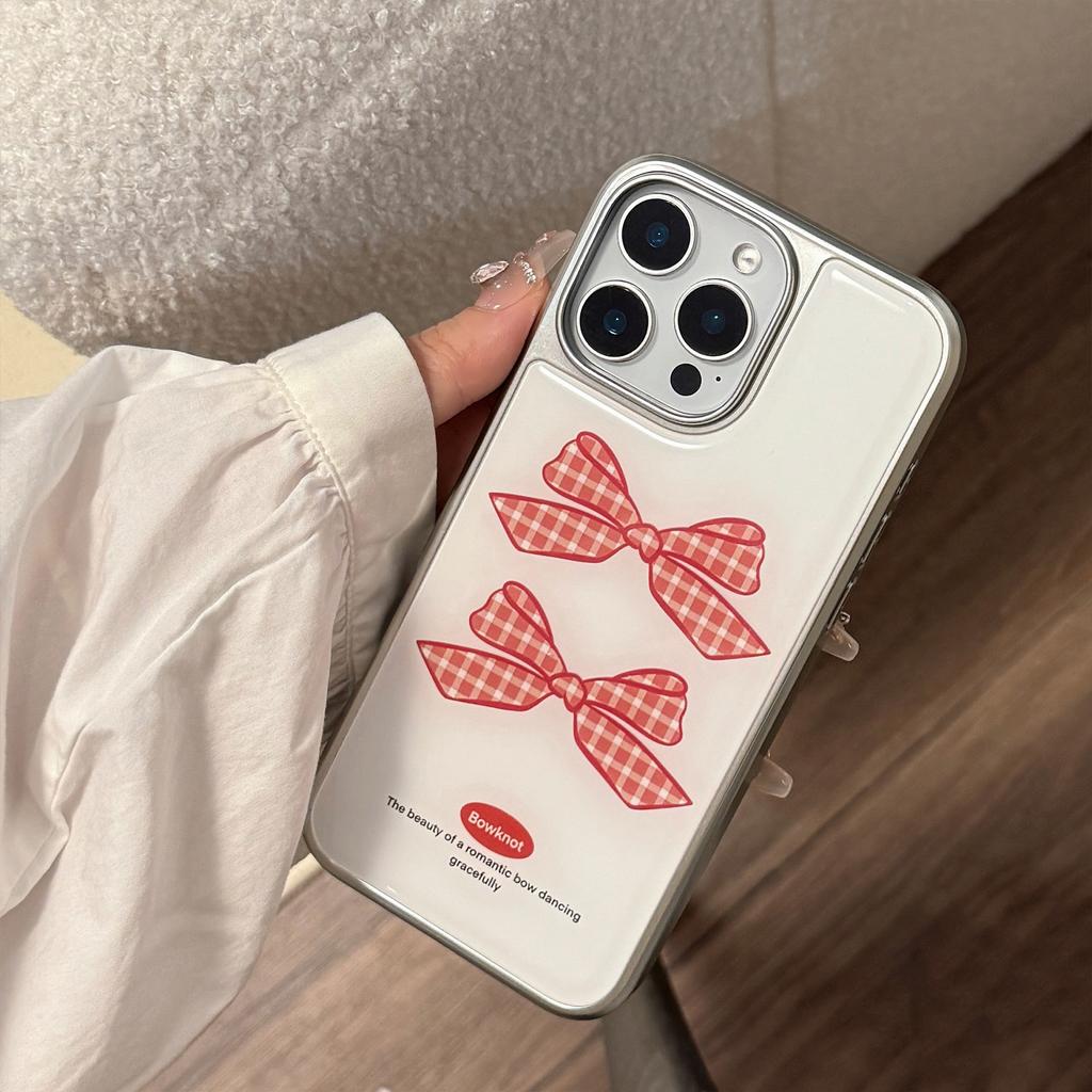 Red Checkered Bow Suitable for Apple 15promax Mobile Phone Case IPhone 16 Drop Glue 13 Huawei 14 Temperament