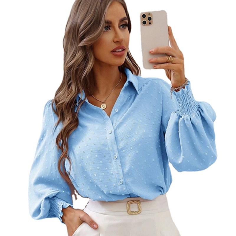 Jarní dámská klopová volná a pohodlná košile Neformální jednobarevná košile s lucernovým rukávem
