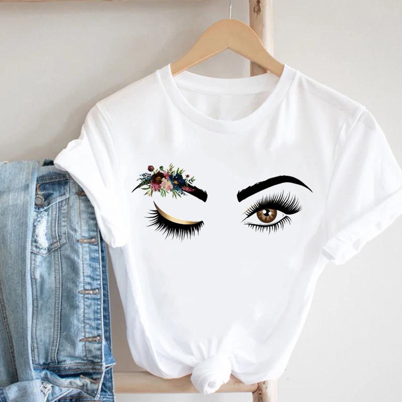 (European size)Eyelashes Women Summer Crown Eye Lashes Printing Fashion T-shirt Short Sleeve Lady Print Tee Top Female Clothing Casual Graphic T-shirt