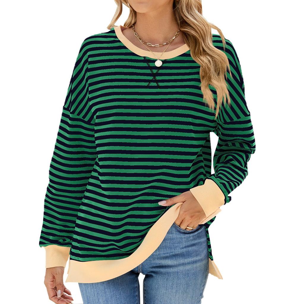 Elegant and Fashionable Autumn and Winter Comfortable Round Neck Striped Splicing Open Loose Long-sleeved Sweater Jacket Pullover Shirt Hoodies