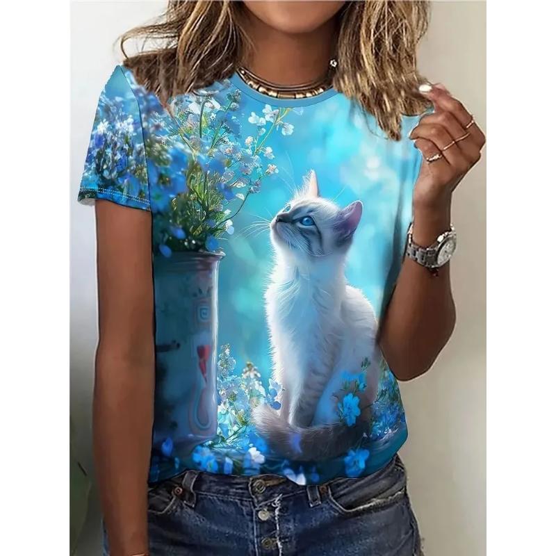 Crew Neck T-Shirt Fashion Women's Animal Short Sleeve 3D Animal Color Printing Crew Neck Short Sleeve