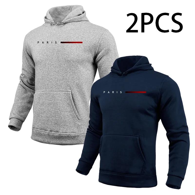 2pcs Hoodies Male Autumn Winter Hooded Long Sleeve Pullover Paris Printed Sweatshirt Urban Fashion Casual Sporty Hoody Coat