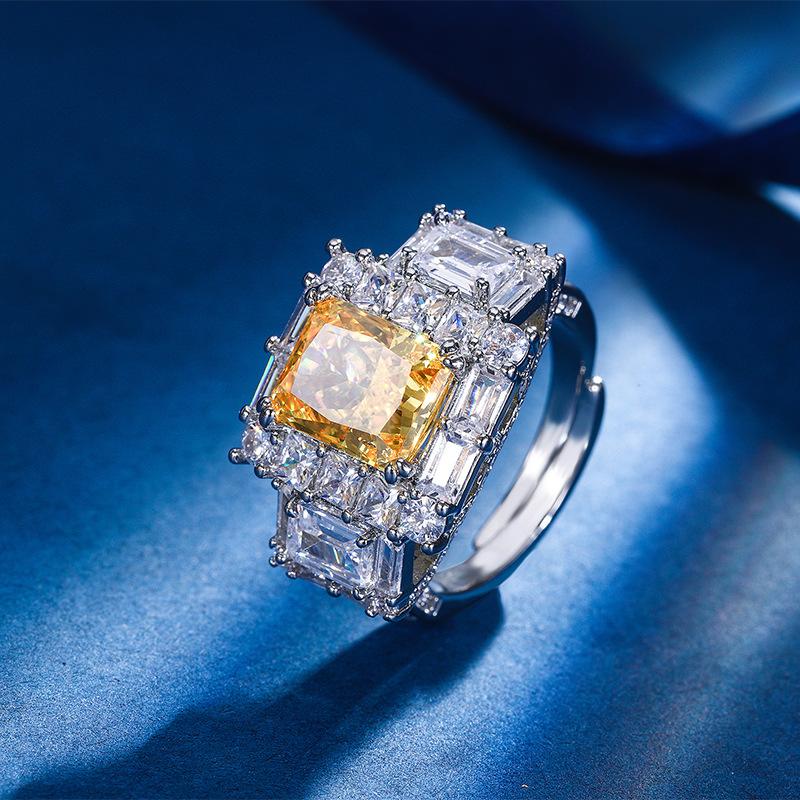 Autumn And Winter Jewelry Ice Flower Cut High Carbon Diamond Copper Inlaid Square Diamond Light Luxury Temperament Ring Female 8 * 10