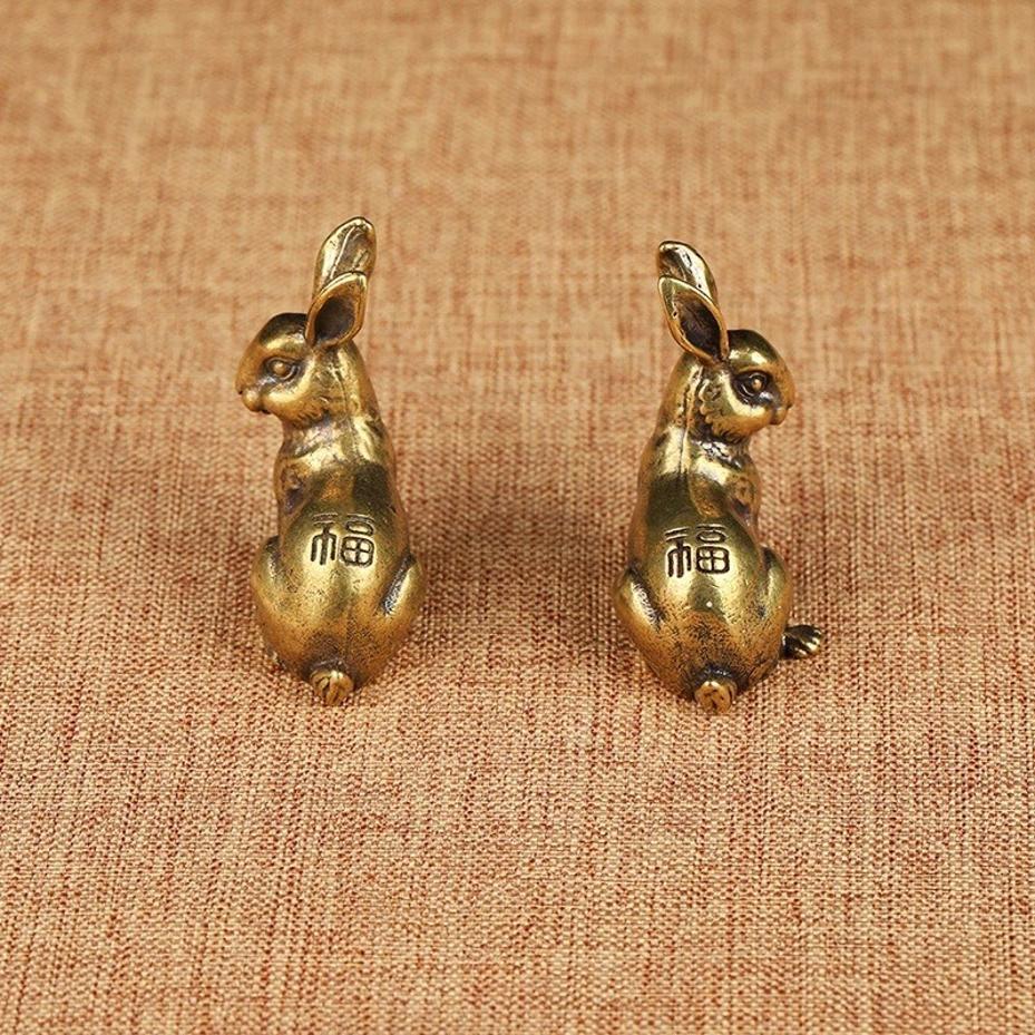 1 Pair Lucky Rabbit Statue Ornaments Antique Copper Zodiac Vintage Solid Brass Animal Miniature Figurine Tea Pet Desk Decor