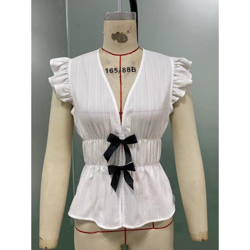 Vacation Style Short Sleeved Shirts Bow Cardigan Women’s Blouses & Shirts