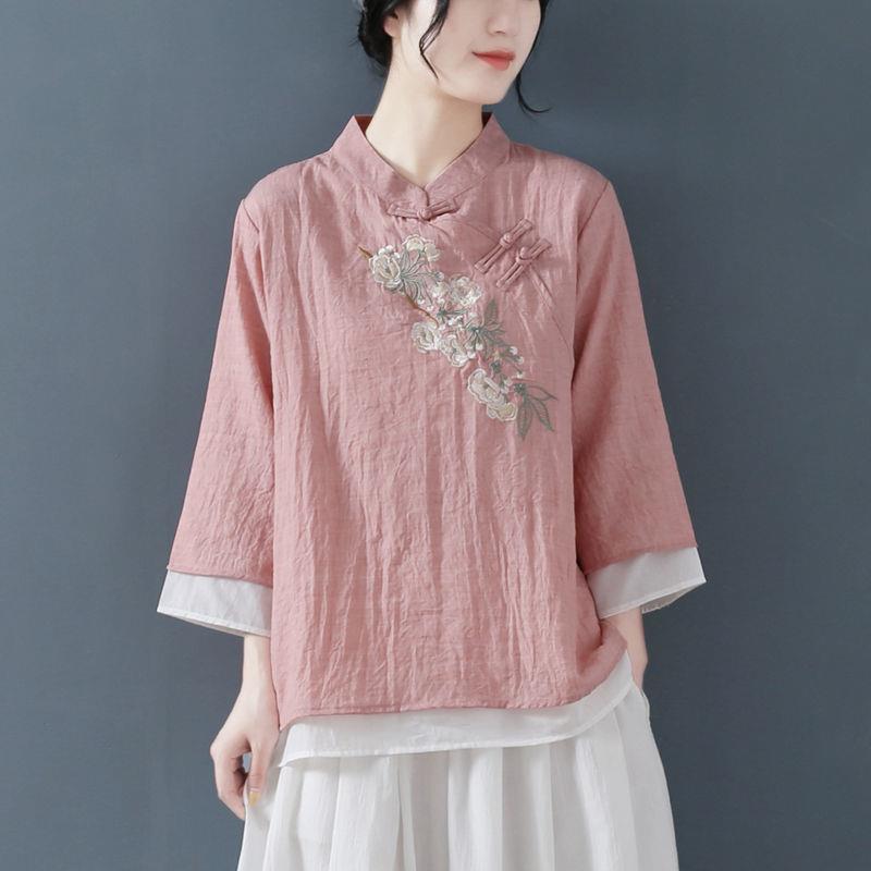 Koszule Damskie Długi rękaw Lniana Koszula Zapinana na guziki Bawełniany Haft Vintago Plus Size Damskie Top Bluzka Dekolt O Casual Biały