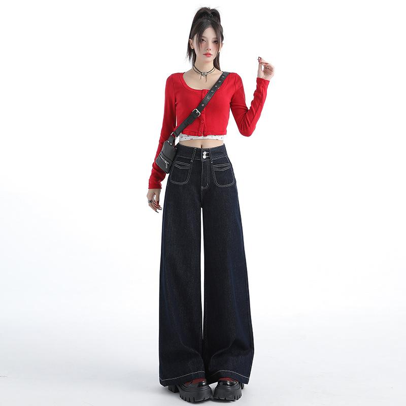 Dark blue high-waisted wide-leg jeans women's autumn new casual retro loose loose straight pants trendy