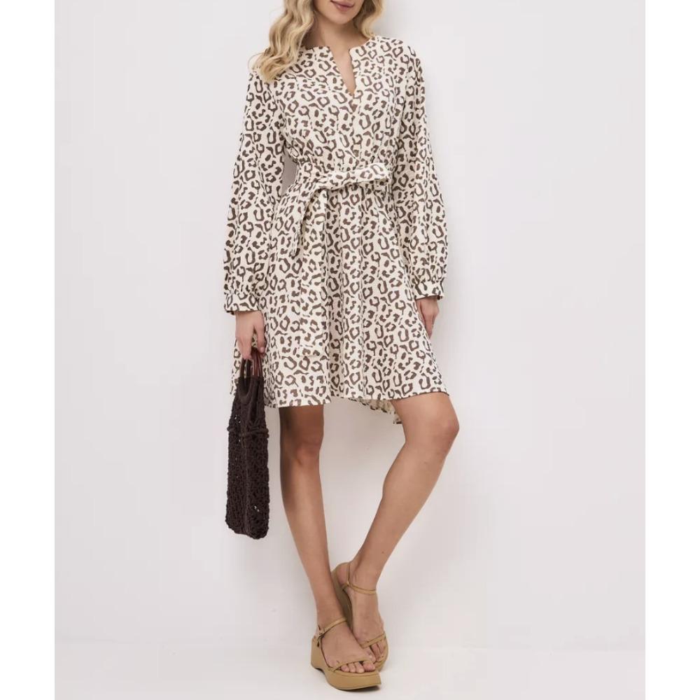 Abito lungo con stampa leopardata in cotone europeo e americano, sciolto, con lacci, a maniche lunghe, abbigliamento donna