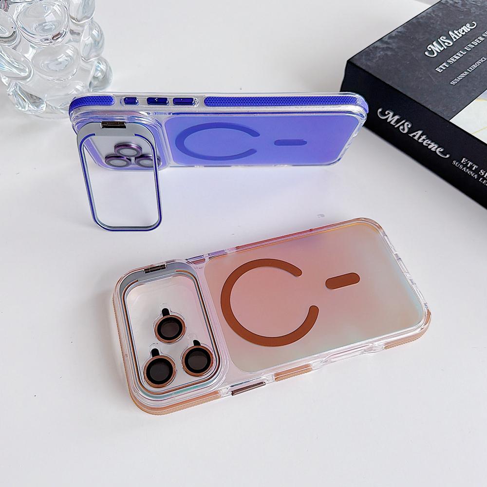 KEYSION Laser Gradient Magnetic Case for MagSafe for iPhone 11 12 13 14 15 17 Pro Max 16Plus Air 17e Lens Stand Shockproof Cover