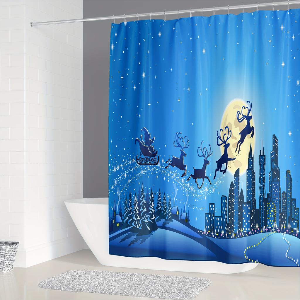 4Pcs Luxury  Christmas Elk Shower Curtain Sets for Bathroom Non-Slip Bathroom Rugs Lid Toilet Cover Bath Mat