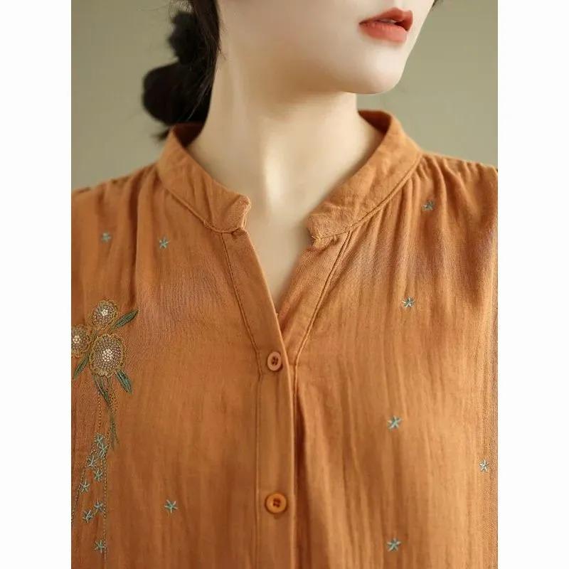 Cotton and Linen Literary Retro Embroidered Shirt for Women Summer New Style Mid-sleeve Loose Embroidered Shirt for Women
