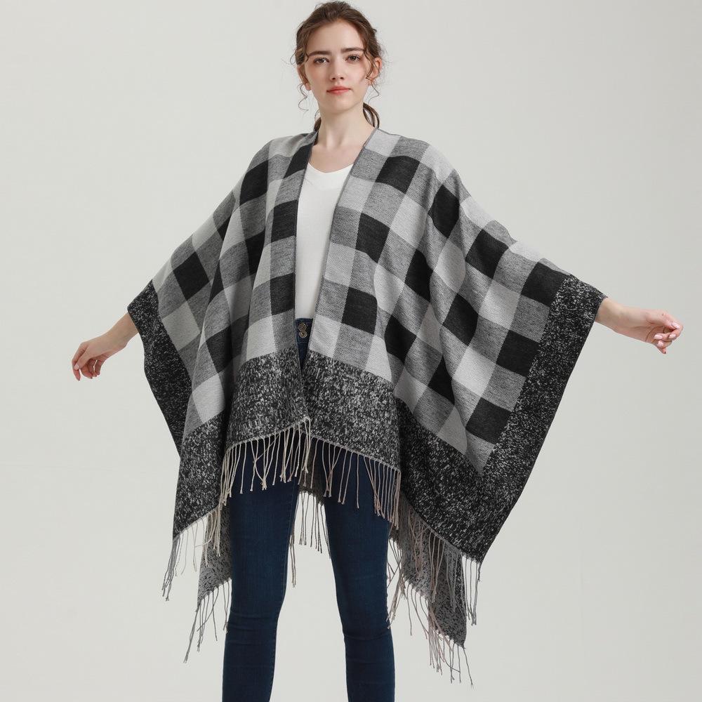 

Plaid Tassel Shawl Poncho - Fashionable, Warm, and Trendy. Khaki Plaid with Tassel Edge