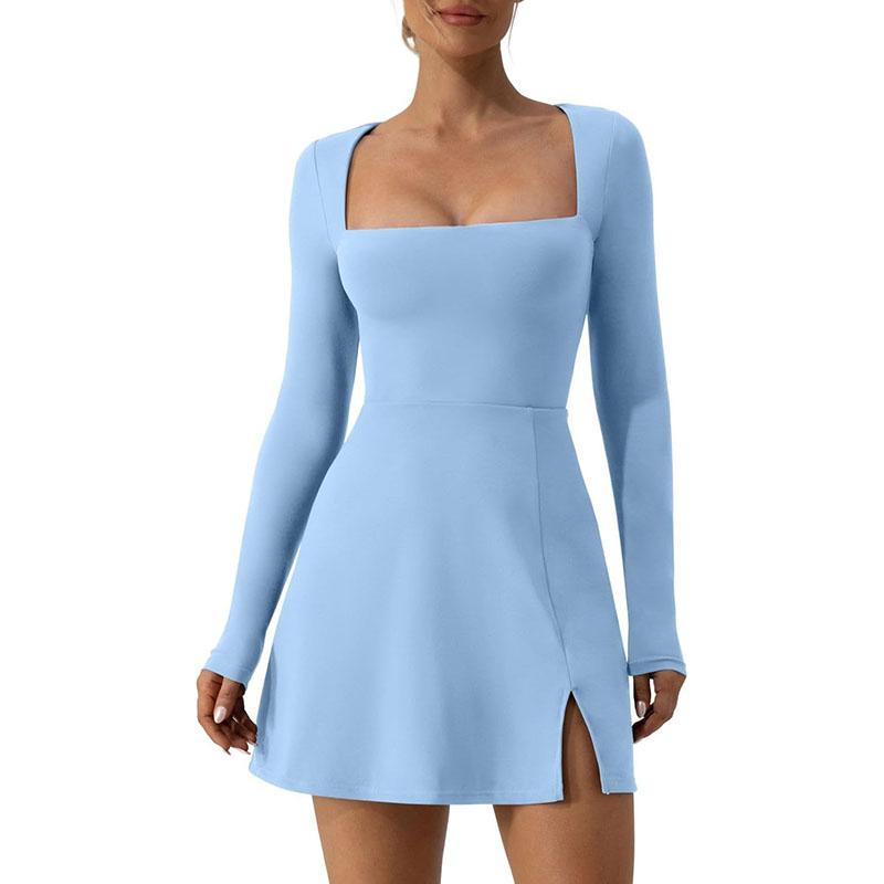 Womens Square Neck Bodice Dress Long Sleeve Side Slit Flare Mini Dresses