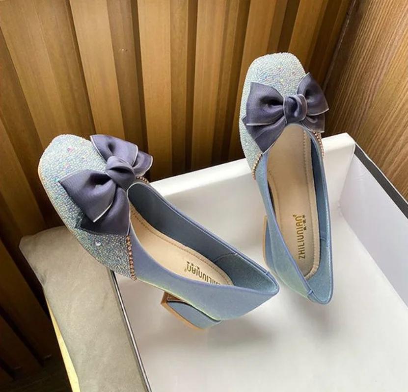 Square Toe with Bow Crystals Rhinestone Low Heel Elegant Women's Shoes Beige Ladies Footwear Diamond E Shoe Comfortable Offer