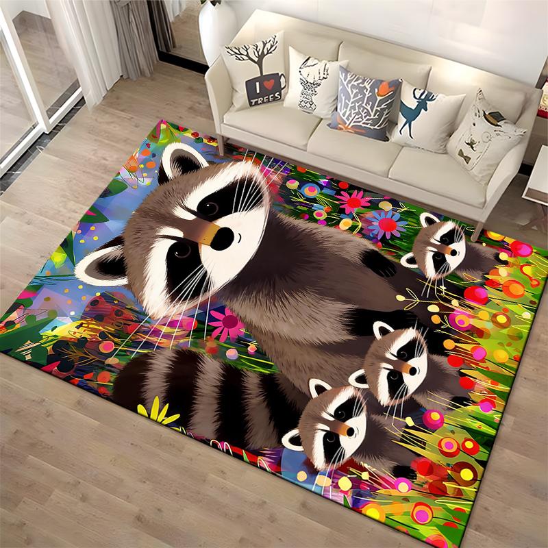 "Colorful Raccoons in Vibrant Floral Meadow Cartoon Design Rug" Suitable for use as an anti-slip for living room bedroom sofas