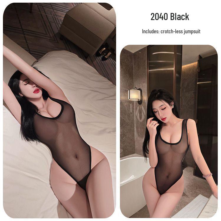 Japanese Style Sheer Lingerie: Open Crotch Suspender Bodysuit Sleepwear for Women