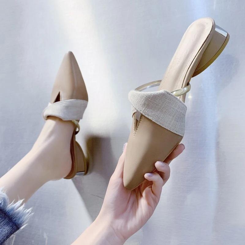 2024 Summer New Classic Mules Shoe Women Slides Pu Leather Cover Toe Outdoor Slipper Square Heel Ladies Pointed Toe Half Slipper