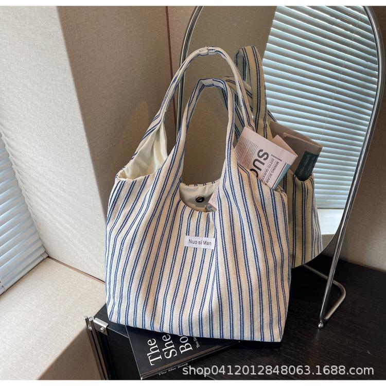 Canvas bag large capacity tote bag women's 2025 new summer niche stripes simple fashion portable shoulder bag