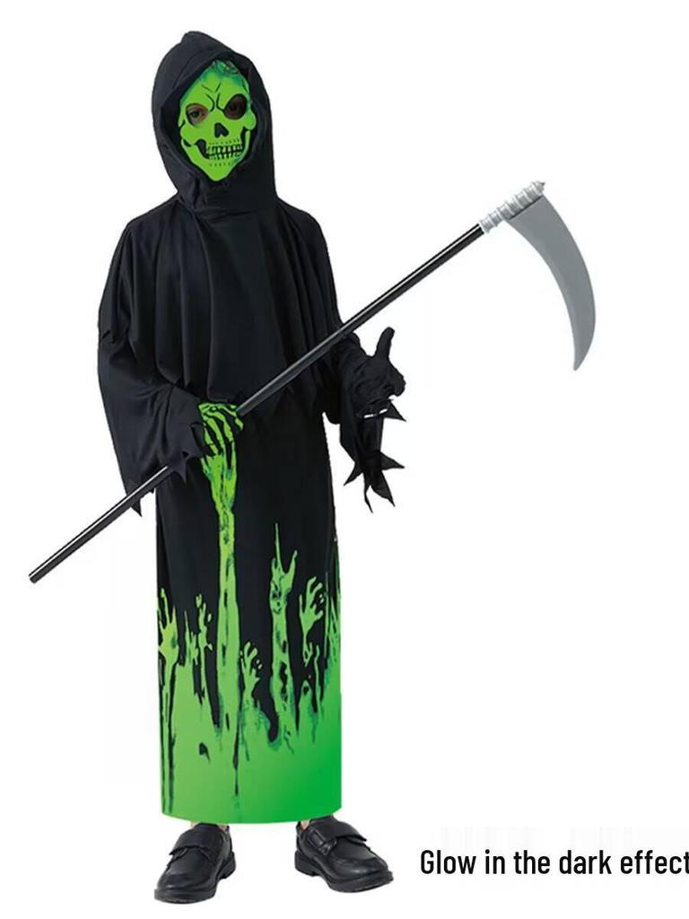 Children's Grim Reaper Ghost Costume: Luminous Dark Messenger Scythe Outfit for Halloween Cosplay